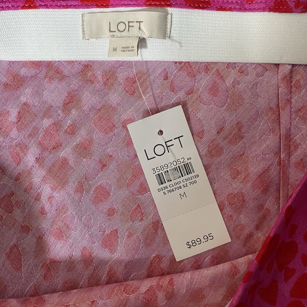 Loft Bias Midi Skirt Size M Pink Red All Over Heart Print Y2K 90s Flowy Romantic - Picture 6 of 13